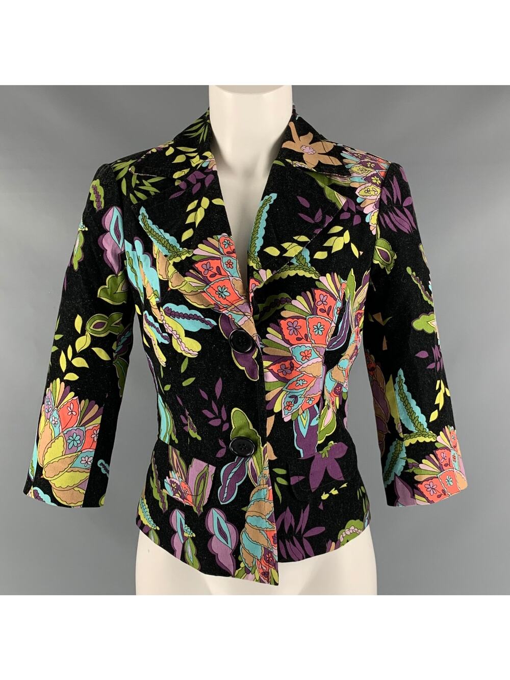 TRINA TURK Size 2 Black Multicolour Cotton 3/4 Sleeves Jacket